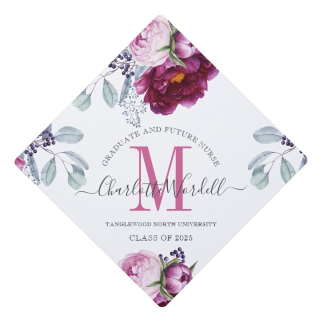 Graduation Monogram Future Nurse Floral Graduation Cap Topper (Front)