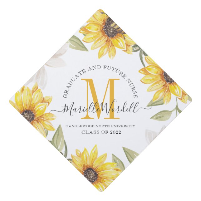 Graduation Monogram Future Nurse Sunflowers Floral Graduation Cap Topper (Front)