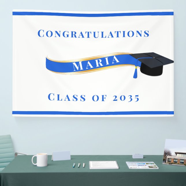 Graduation Mortar Board Blue and White Banner (Tradeshow)