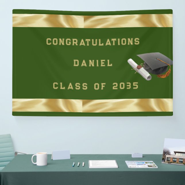 Graduation Mortar Board Green and Gold Banner (Tradeshow)