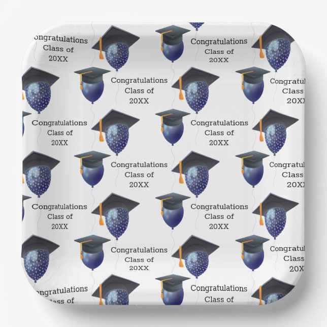 Graduation Mortarboard and Balloons Paper Plate (Front)