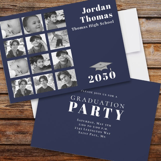 Graduation Multi Photo Collage Minimalist Navy Invitation (Creator Uploaded)