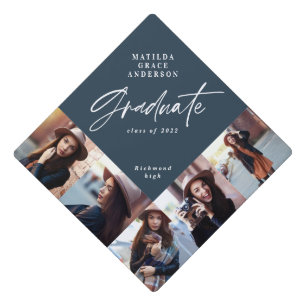 Graduation multi photo modern elegant navy blue graduation cap topper