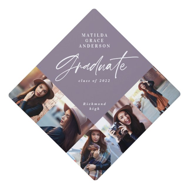 Graduation multi photo modern elegant purple graduation cap topper (Front)