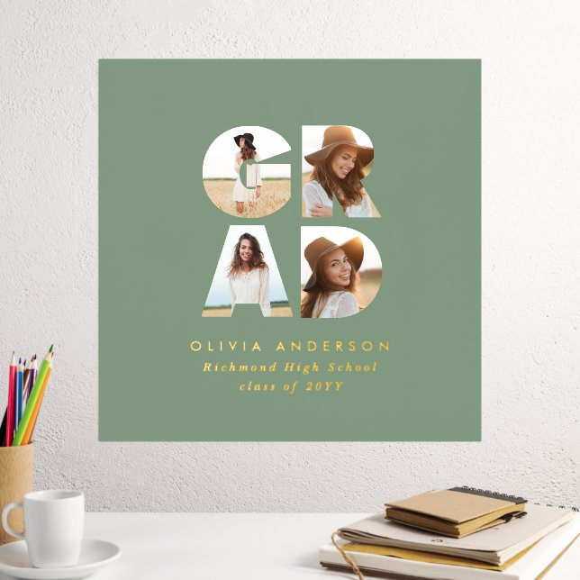 Graduation multi photo modern simple sage green foil prints (In Situ (Desk 2))