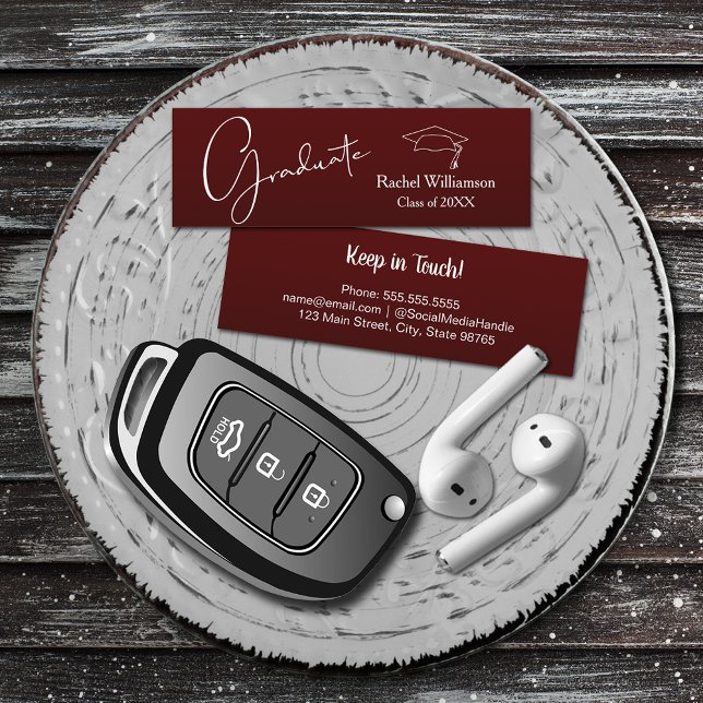 Graduation Name Class Details Dark Maroon Calling Card (Small dark maroon Graduation Calling Cards are 3" x 1", hand out to friends keep in touch)