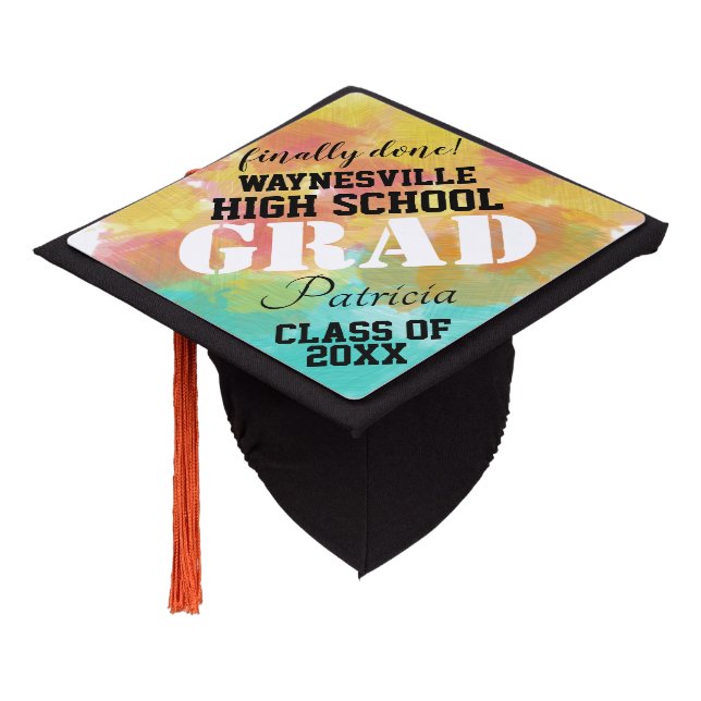 Graduation Name Pink Turquoise Watercolor Graduation Cap Topper (Angled)