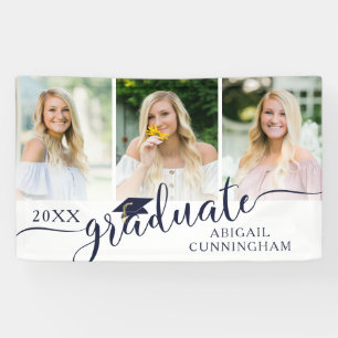 Graduation Navy Blue Fancy Script 3 Photos Banner
