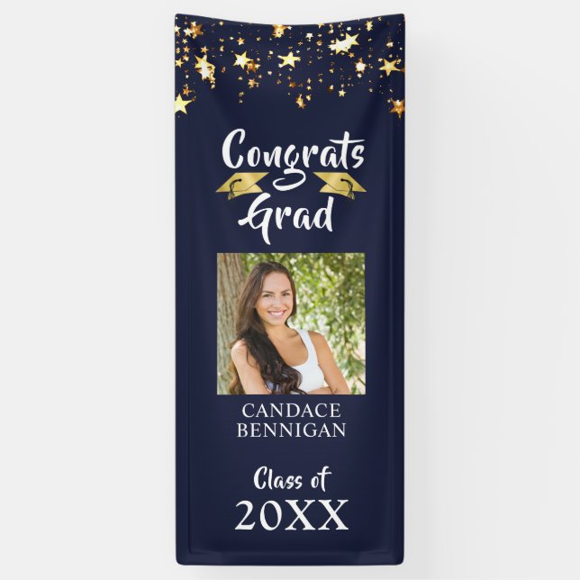 Graduation Navy Blue Gold Stars Brush Script Photo Banner (Vertical)