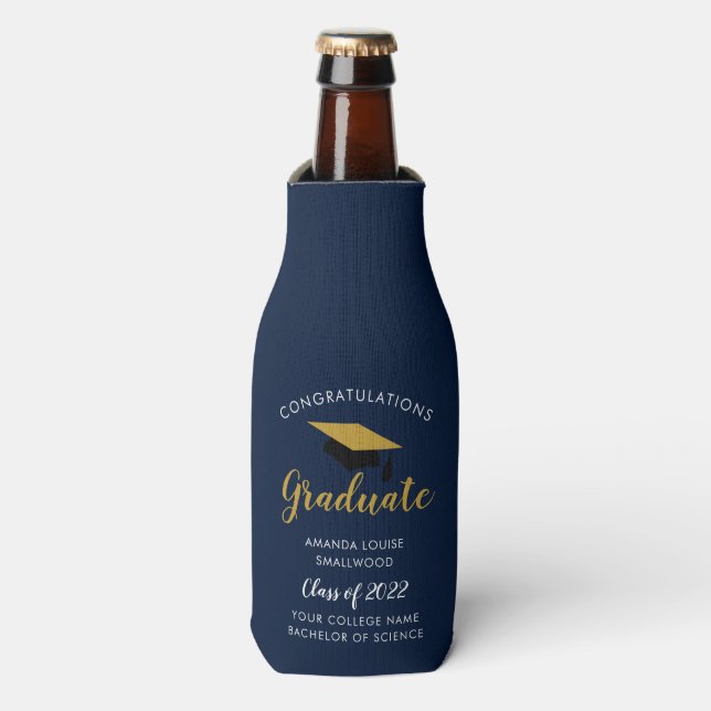 Graduation Navy Blue Grad Party 2025 Custom Bottle Cooler (Bottle Front)