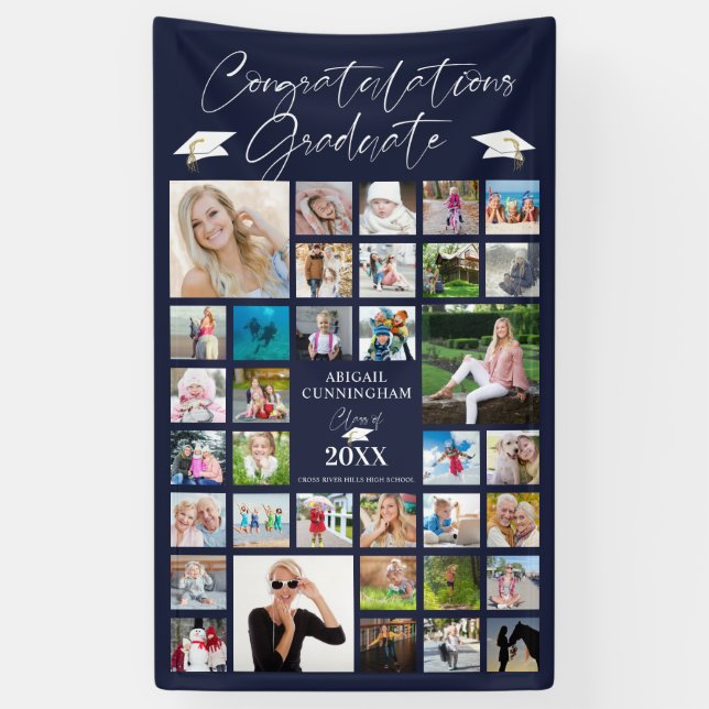 Graduation Navy Blue Photo Collage Elegant Script Banner (Vertical)