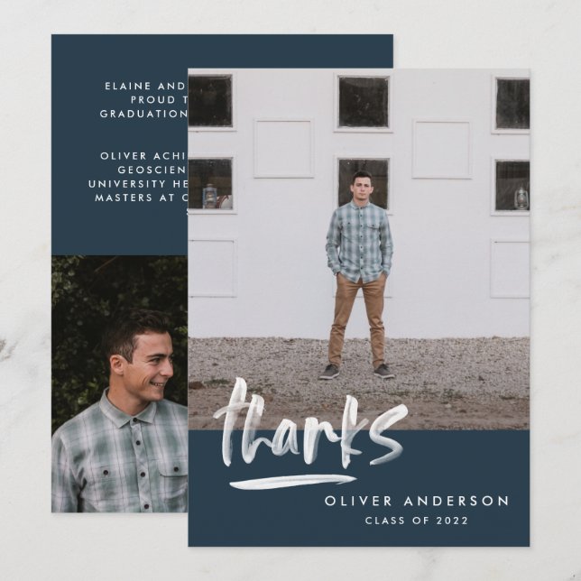 Graduation navy blue script 3 photo thank you invitation (Front/Back)