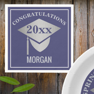 Graduation Navy Blue Silver Cap Congratulations Napkin