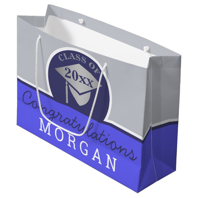 Graduation Navy Blue Silver Chic Personalized Large Gift Bag (Front Angled)