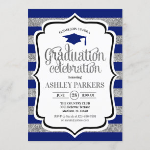 Graduation - Navy Blue Silver Stripes Invitation