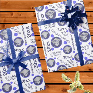 Graduation Navy Blue Silver Typography Add Year Wrapping Paper