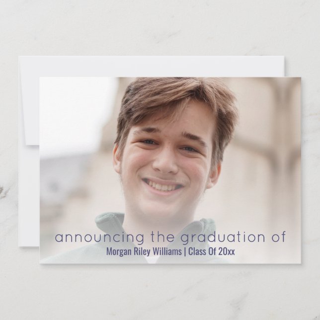 Graduation Navy Blue Simple White Overlay Photo Announcement (Front)