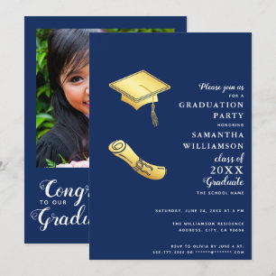 Graduation Navy Blue White Gold Photo Class 2025 Invitation