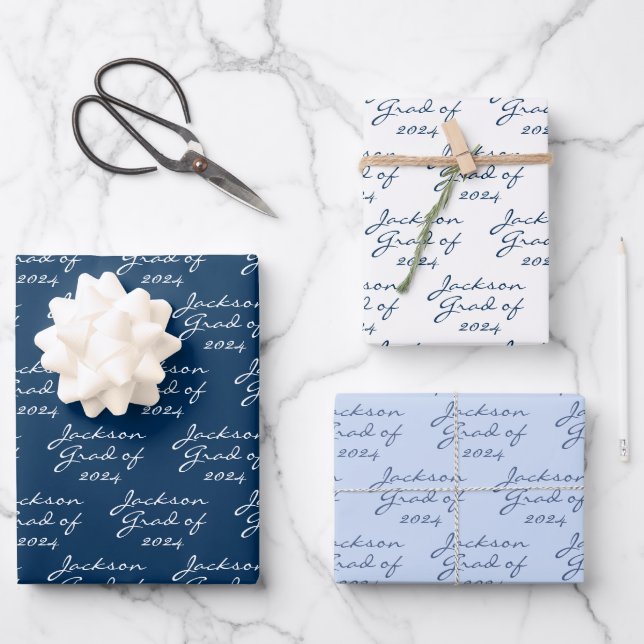 Graduation Navy Light Blue Personalized Grad Wrapping Paper Sheet (Front)