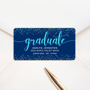 Graduation navy modern turquoise script address label