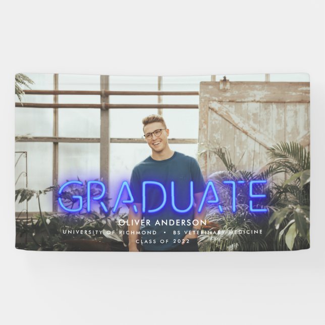 Graduation neon black blue photo modern party banner (Horizontal)