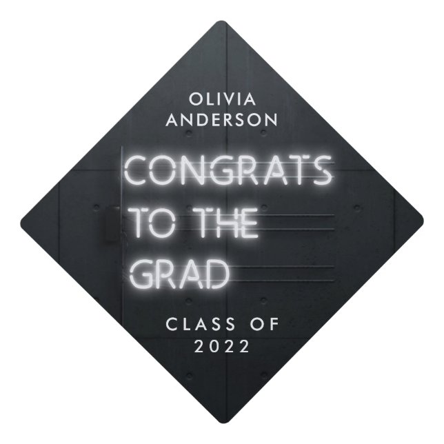 Graduation neon black white bright modern congrats graduation cap topper (Front)