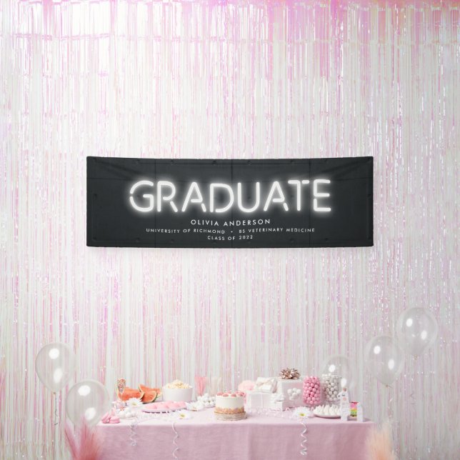 Graduation neon black white photo modern party banner (Party)