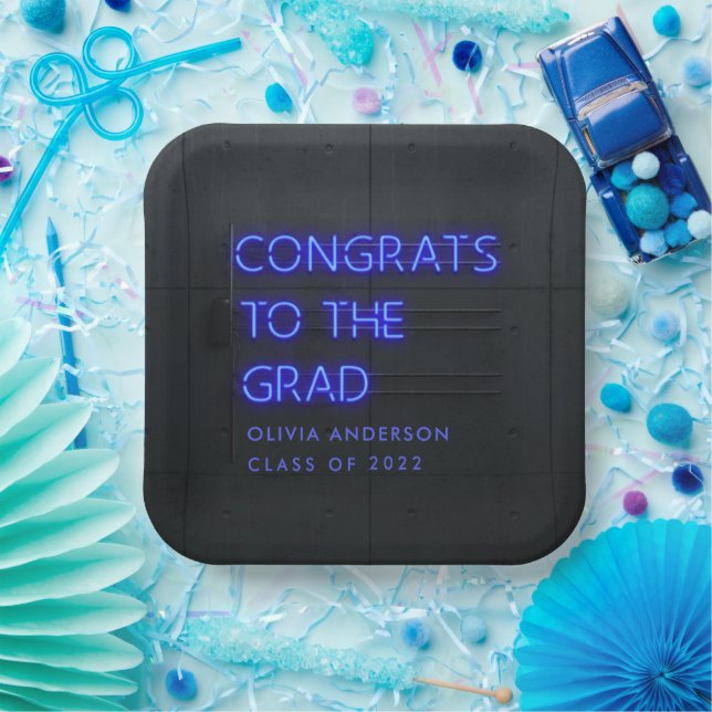 Graduation neon blue typography modern congrats paper plate (Party)