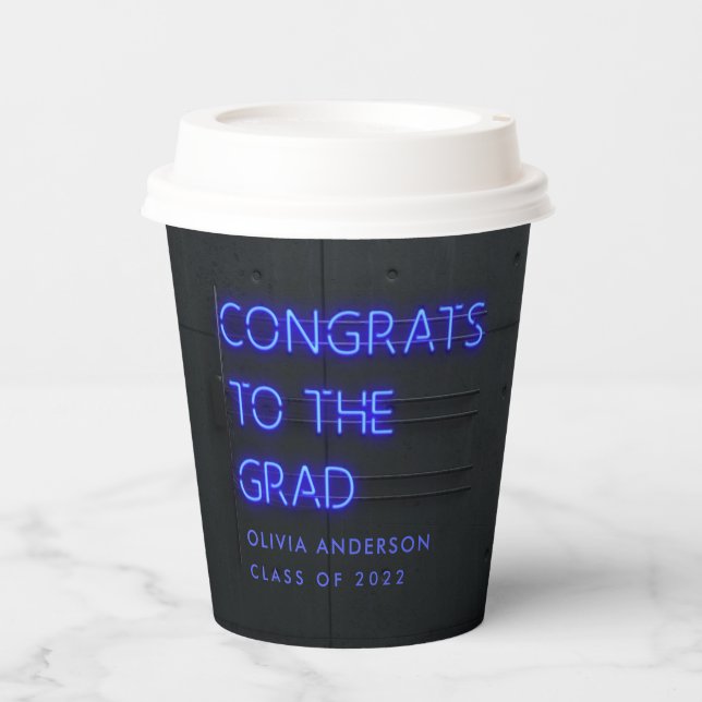 Graduation neon blue typography modern congrats  s paper cups (Front)