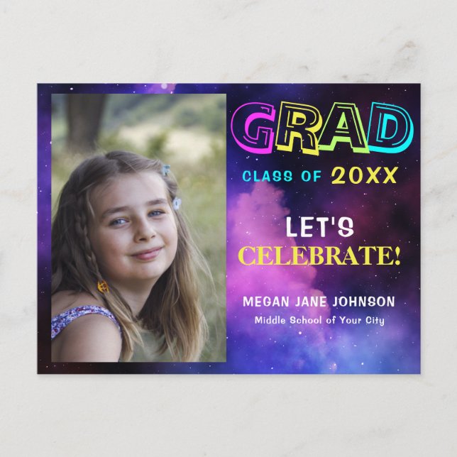Graduation neon glow middle school grad photo invitation postcard (Front)