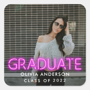 Graduation neon pink photo modern congrats square sticker