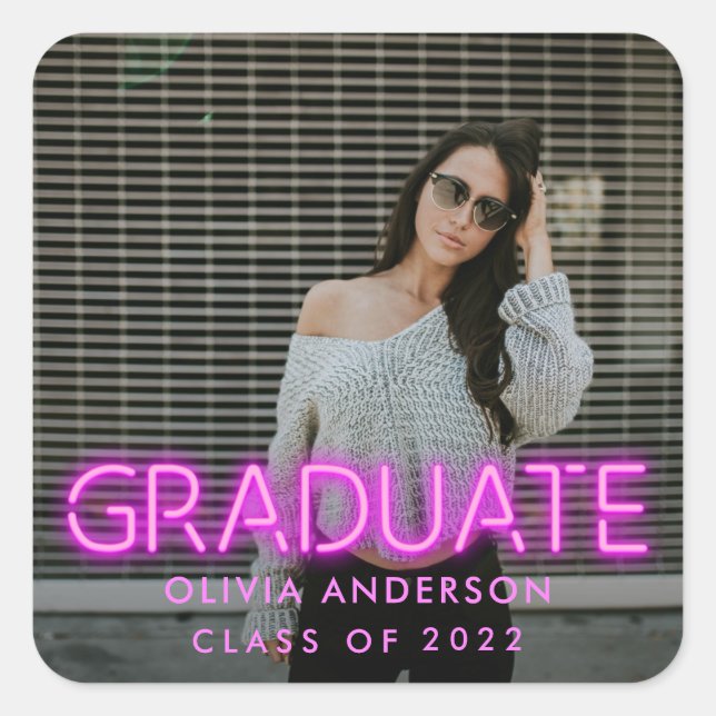 Graduation neon pink photo modern congrats square sticker (Front)