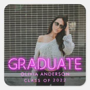 Graduation neon pink photo modern congrats square sticker