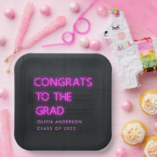 Graduation neon pink typography modern congrats paper plate