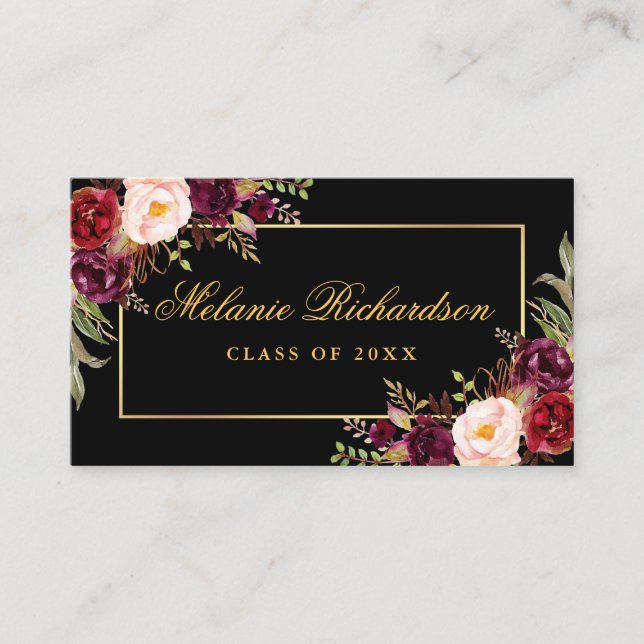 Graduation Networking Gold Burgundy Floral Business Card (Front)