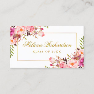 Graduation Networking Pink Floral Gold Business Card
