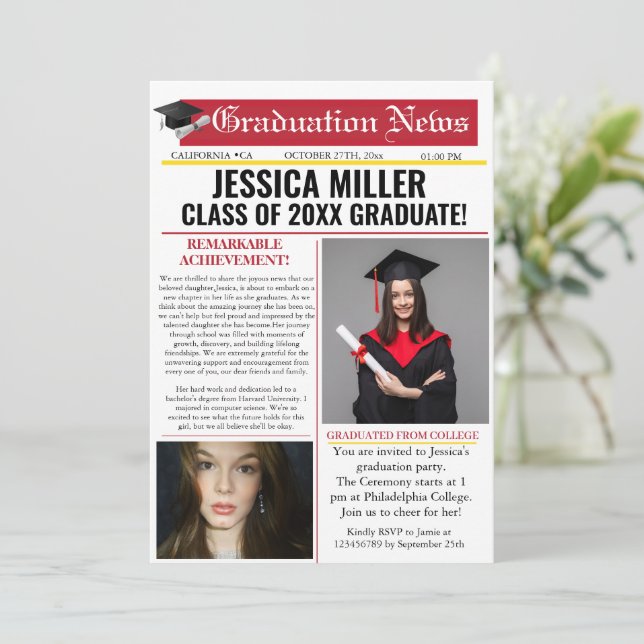 Graduation Newspaper College Faire-part unique (Debout devant)