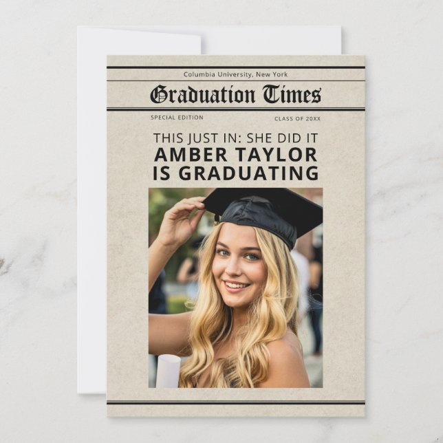Graduation Newspaper “This Just In” Photo Invitation (Front)