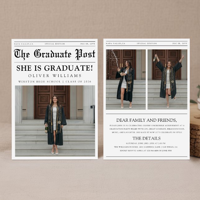 Graduation Newspaper Unique Fun Photo Collage Invitation (Creator Uploaded)