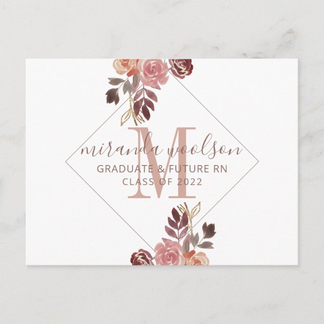 Graduation Nurse Monogram Floral  Announcement Pos Postcard (Front)