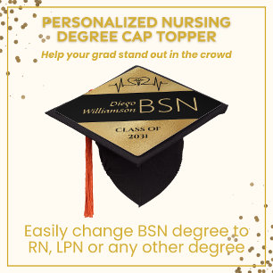 Graduation NURSE RN BSN Black Gold Cap Topper