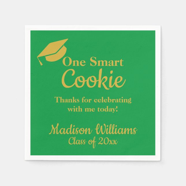 Graduation One Smart Cookie Party Green Gold Paper Napkin (Front)