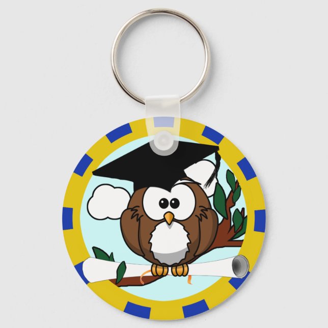 Graduation Owl Blue And Gold Keychain (Front)