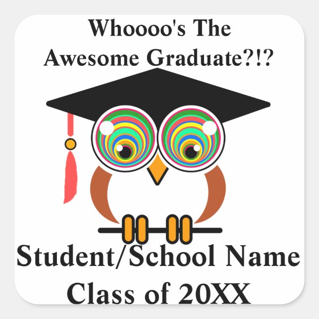 Graduation Owl Fun, Colourful, Personalize for Fre Square Sticker (Front)
