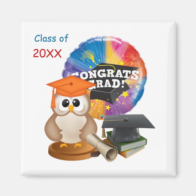 Graduation Owl, Mortar cap, books, diploma Magnet (Front)