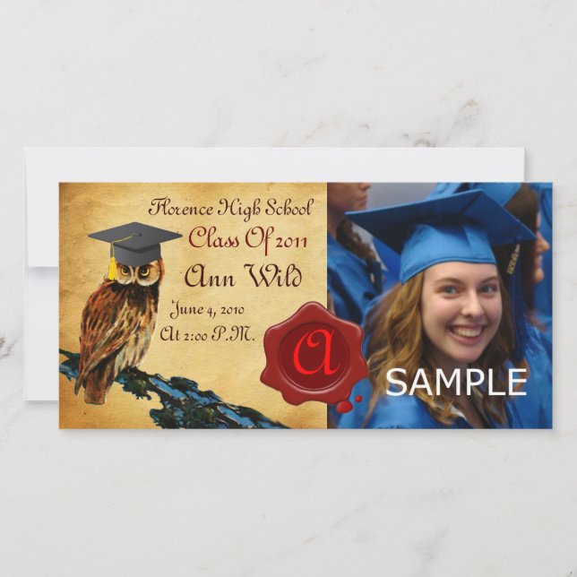 GRADUATION OWL PARCHMENT AND RED WAX SEAL MONOGRAM ANNOUNCEMENT (Front)