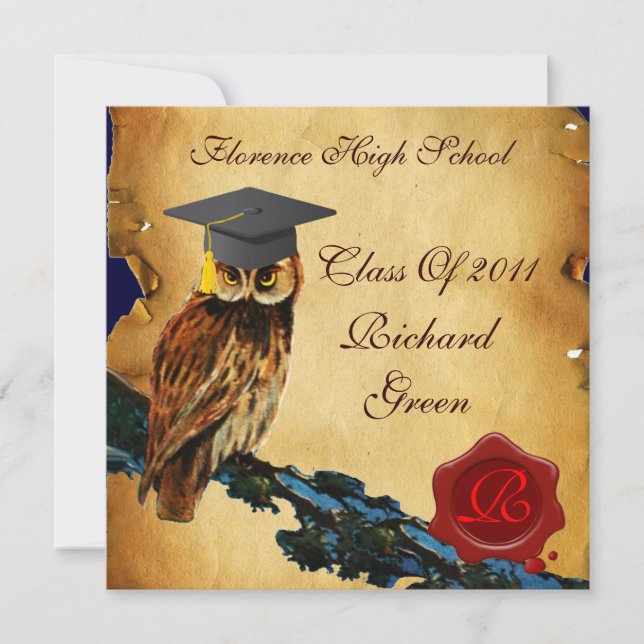 GRADUATION OWL PARCHMENT AND RED WAX SEAL MONOGRAM INVITATION (Front)