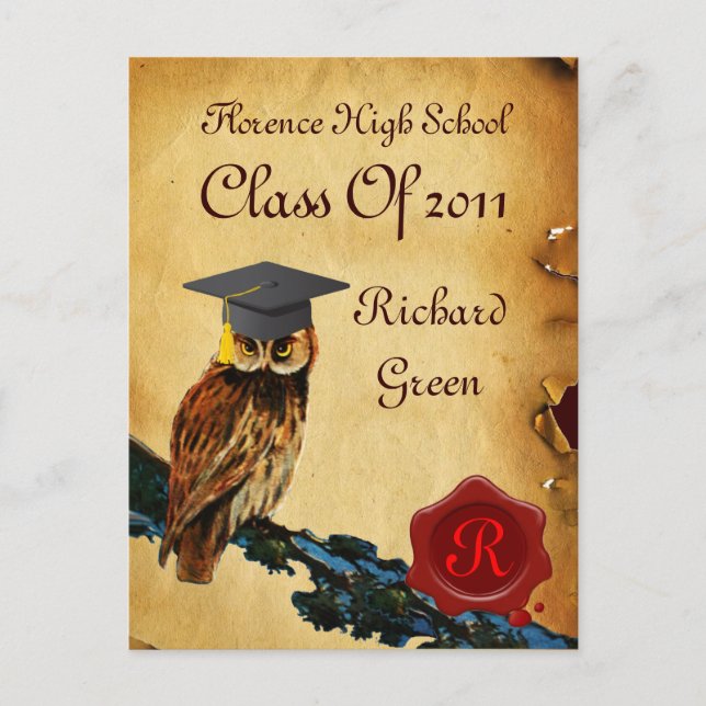 GRADUATION OWL PARCHMENT AND RED WAX SEAL MONOGRAM INVITATION POSTCARD (Front)