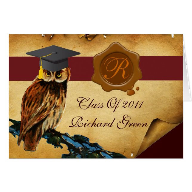 GRADUATION OWL PARCHMENT BROWN WAX SEAL MONOGRAM (Front Horizontal)