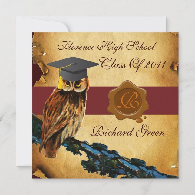 GRADUATION OWL PARCHMENT BROWN WAX SEAL MONOGRAM INVITATION (Front)